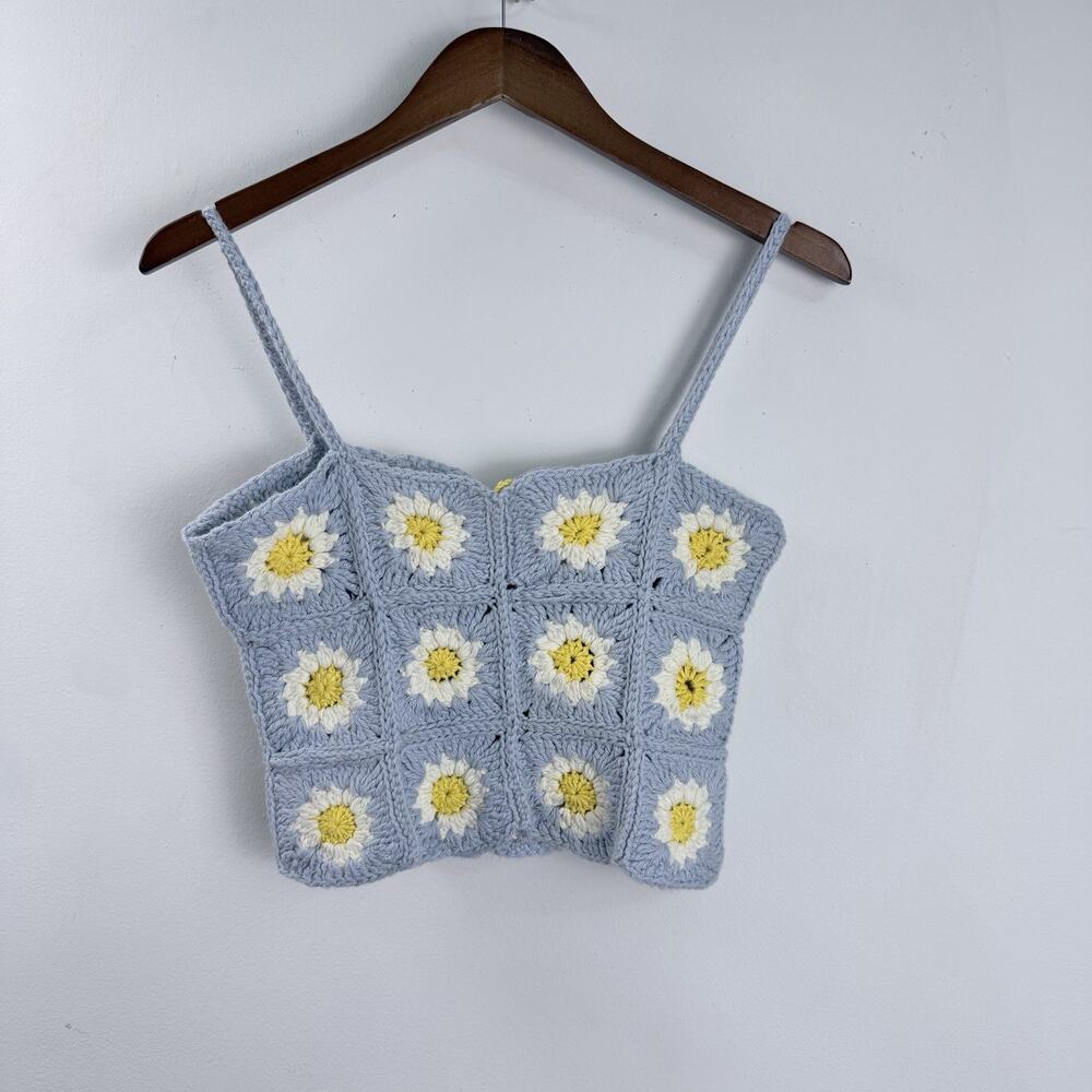 Handmade Crochet Daisy Granny Square Tank Top S/M Green Blue Boho Festival Crop